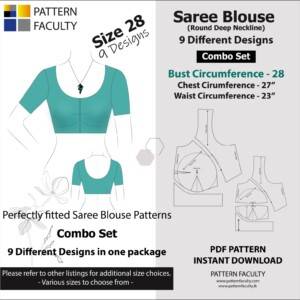 Saree Blouses - Round Deep Neckline - Size 28 - 9 Styles Sari Blouses - Sabyasachi-Single Katori-Double Katori-Princess Line-Three Darted-Four Darted pdf Patterns