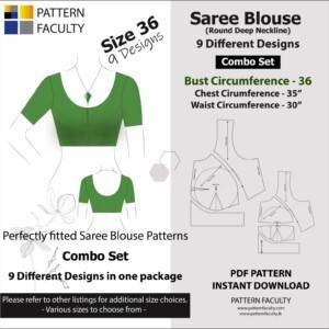 Saree Blouses - Round Deep Neckline - Size 36 - 9 Styles Sari Blouses - Sabyasachi-Single Katori-Double Katori-Princess Line-Three Darted-Four Darted pdf Patterns
