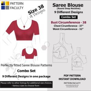Saree Blouses - Round Deep Neckline - Size 38 - 9 Styles Sari Blouses - Sabyasachi-Single Katori-Double Katori-Princess Line-Three Darted-Four Darted pdf Patterns