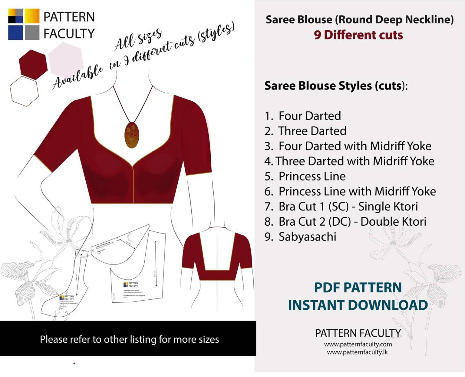 Saree Blouses Round Deep Neckline - Size 29 - 9 Styles Sari Blouses - Sabyasachi-Single Katori-Double Katori-Princess Line-Three Darted-Four Darted pdf Patterns-03