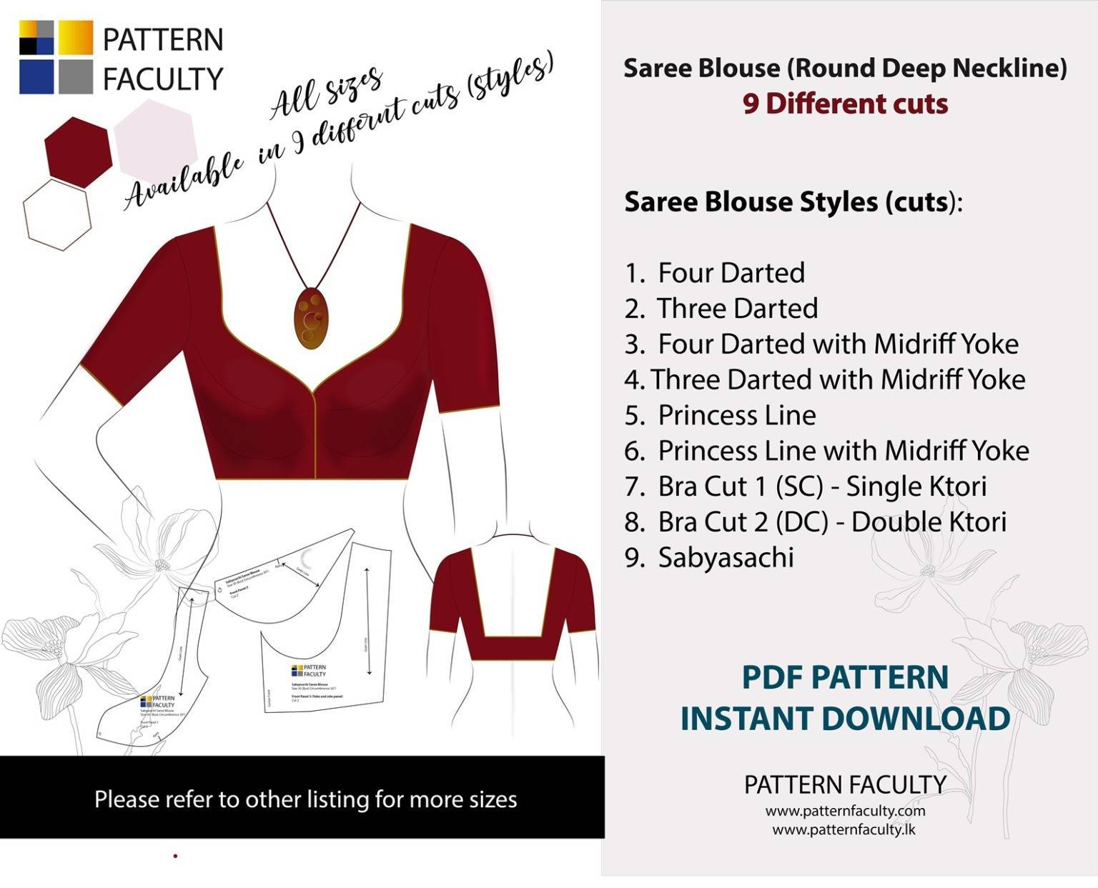 Saree Blouses Round Deep Neckline - Size 30 - 9 Styles Sari Blouses - Sabyasachi-Single Katori-Double Katori-Princess Line-Three Darted-Four Darted pdf Patterns-03