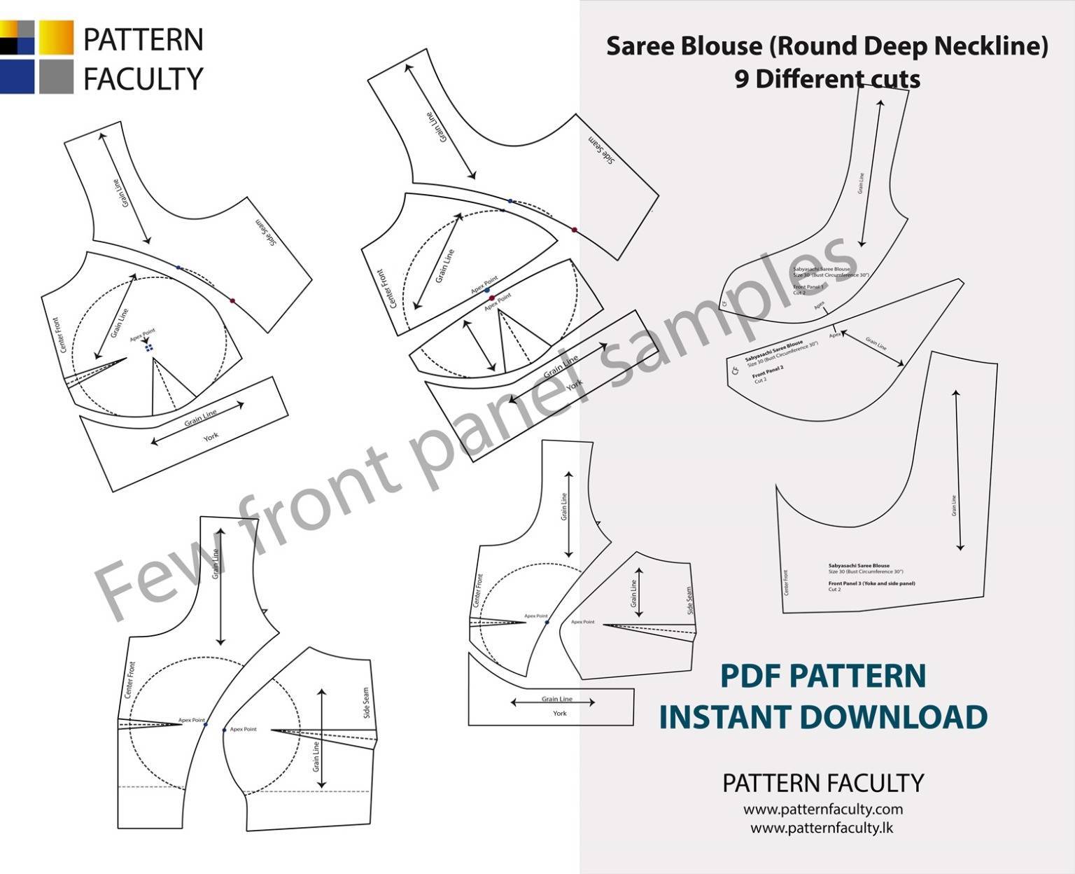 Saree Blouses Round Deep Neckline - Size 34 - 9 Styles Sari Blouses - Sabyasachi-Single Katori-Double Katori-Princess Line-Three Darted-Four Darted pdf Patterns-04