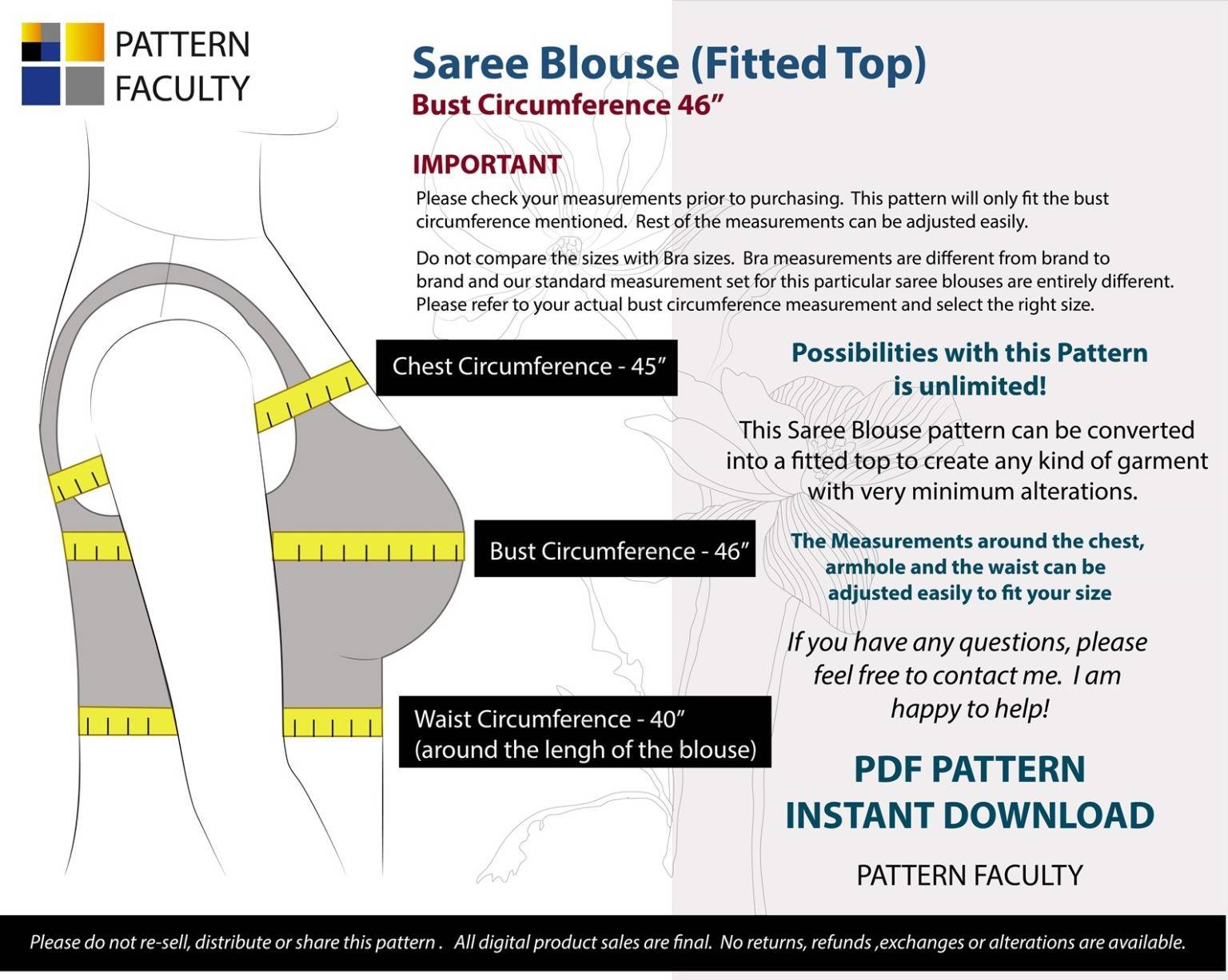 Saree Blouses Round Deep Neckline - Size 46 - 9 Styles Sari Blouses - Sabyasachi-Single Katori-Double Katori-Princess Line-Three Darted-Four Darted pdf Patterns-02