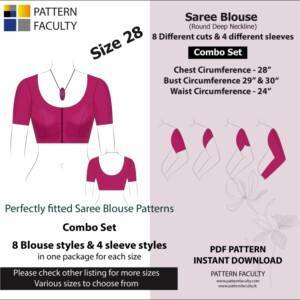 Saree Blouses - Round Deep Necklines - Size 28 - 8 Blouse Designs & 4 Sleeve Designs