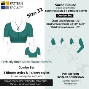 Saree Blouses - Round Deep Necklines - Size 32 - 8 Blouse Designs & 4 Sleeve Designs