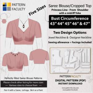 Saree Blouse High Neckline Size 43 to 47 – Princess Line from Shoulder with Yoke – One Design with two options – Sizes Bust Circumference 43, 44, 45, 46 and 47