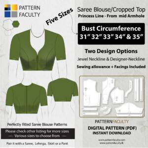 Saree Blouse High Neckline Size 31 to 35 – Princess Line from mid armhole – One Design with two options – 5 Sizes - Bust Circumference 31, 32, 33, 34, and 35