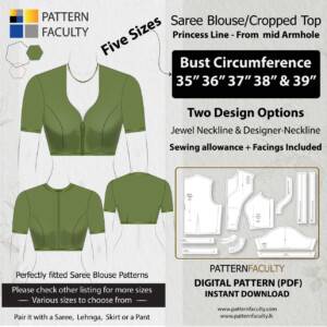 Saree Blouse High Neckline Size 35 to 39 – Princess Line from mid armhole – One Design with two options – 5 Sizes - Bust Circumference 35, 36, 37, 38, and 39