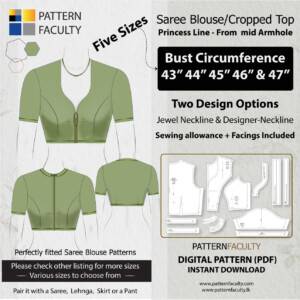 Saree Blouse High Neckline Size 43 to 47 – Princess Line from mid armhole – One Design with two options – 5 Sizes - Bust Circumference 43, 44, 45, 46, and 47
