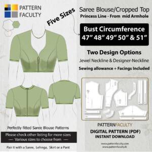 Saree Blouse High Neckline Size 47 to 51 – Princess Line from mid armhole – One Design with two options – 5 Sizes - Bust Circumference 47, 48, 49, 50, and 51