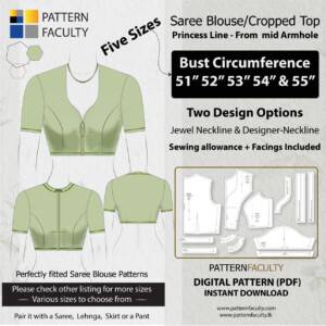 Saree Blouse High Neckline Size 51 to 55 – Princess Line from mid armhole – One Design with two options – 5 Sizes - Bust Circumference 51, 52, 53, 54, and 55